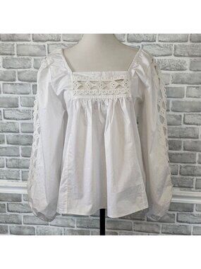 Anthropologie Devotion Twins White 100% Cotton Eyelet Boho Peasant Blouse S